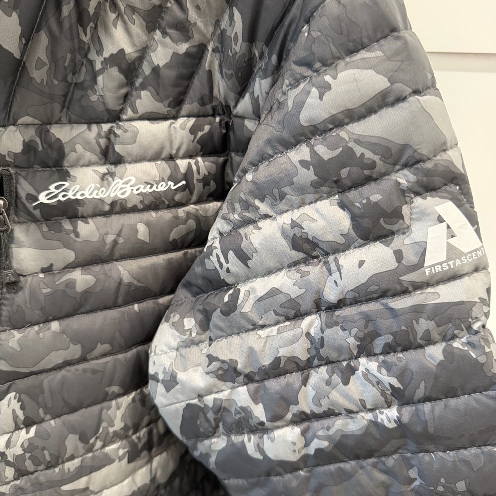 Eddie Bauer Men’s First Ascent EB800 down camo grey Puffer Jacket hoodTall Large - Picture 4 of 6